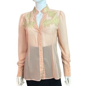 PatBO Sheer Peach Blouse with Gold Embroidery